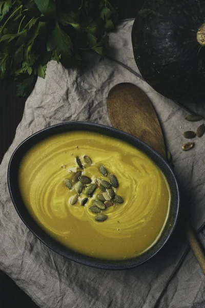 Winter Vegetarian Creamy Seasonal Soup Bowl Rustick Background Flat Lay — Stock Photo, Image
