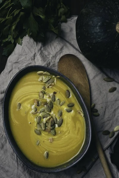 Winter Vegetarian Creamy Seasonal Soup Bowl Rustick Background Flat Lay — Stock Photo, Image