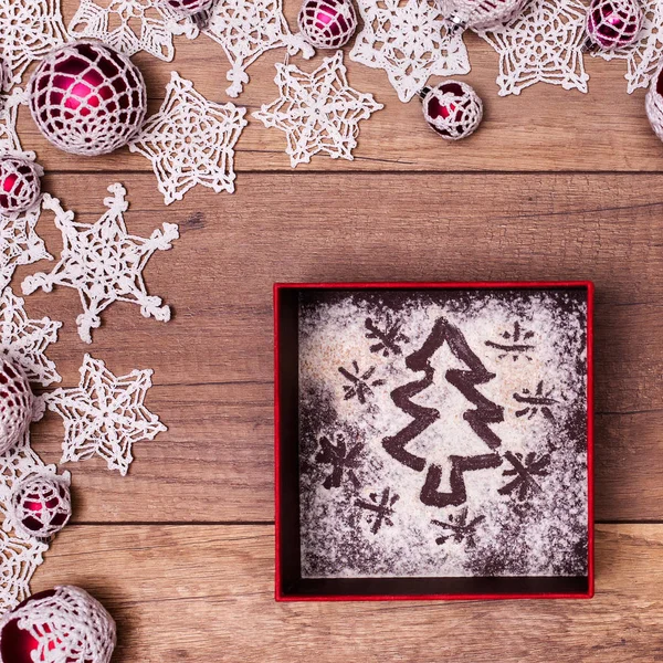 Huidige Concept Kerst Met Kerstboom Tekening Bloem Bodem Decoraties Frame — Stockfoto