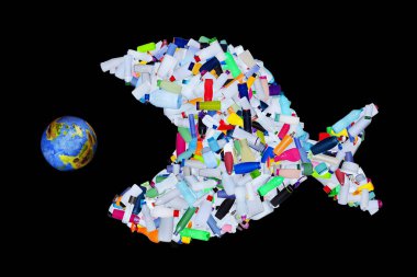 Bizim dünya okyanuslar ve dünya - plastik şişe balık gezegen yeme konseptiyle yok çöp