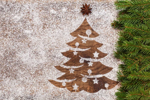 Christmas Tree Made Flour Wooden Surface Seasonal Holidays Decoration Fir — Stock Photo, Image