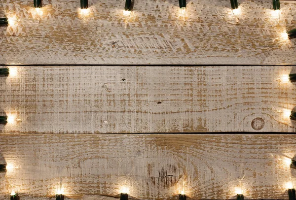 Copy Space White Wooden Planks Weathered Paint Lit Small Bulbs — Stock Photo, Image