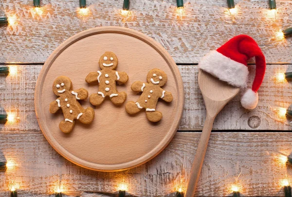 Vánoční Menu Recept Koncept Cookies Dřevěný Talíř Lžíci Santa Hat — Stock fotografie