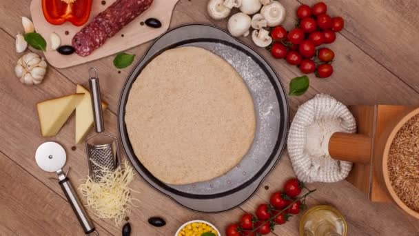 Top View Making Pizza Ingredients Appearing Slowly Rotating Setting Stop — Stock Video