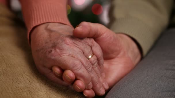 Mayores Manos Mujer Hombre Sosteniendo Delante Las Luces Navidad Concepto — Vídeos de Stock