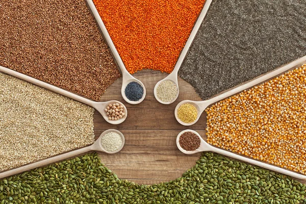 Grains, seeds and cereals variety on the table