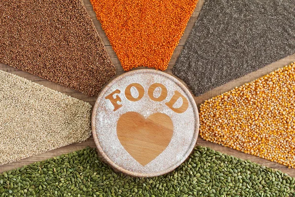 Love food concept - plant based food with diverse grains and see