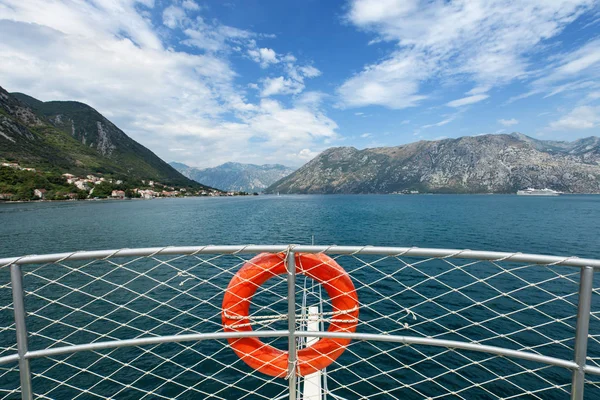 Tourist ship approaching bay - view from upper deck