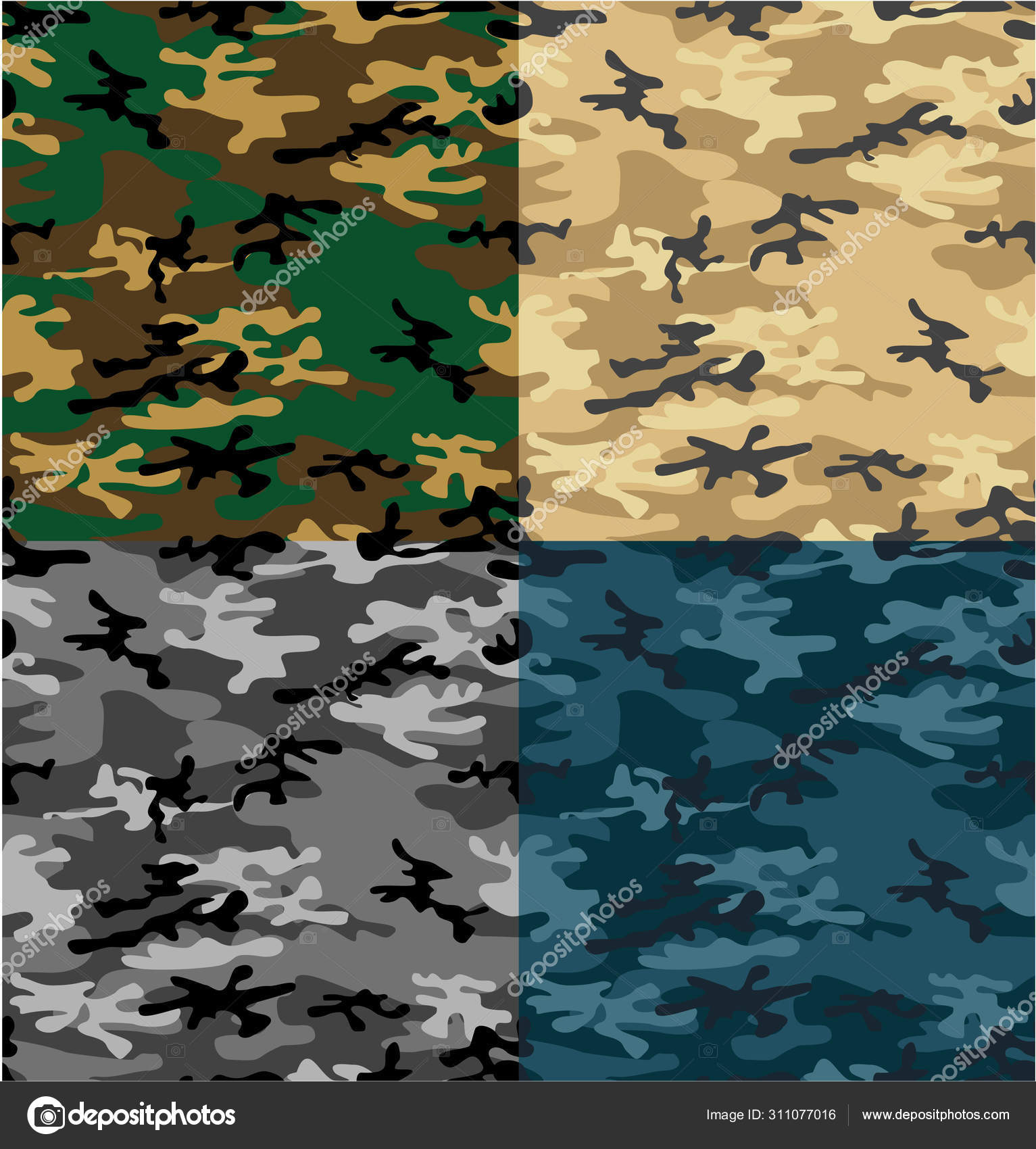Four Types of Army Camouflage Seamless Vector Pattern or Seamles Stock