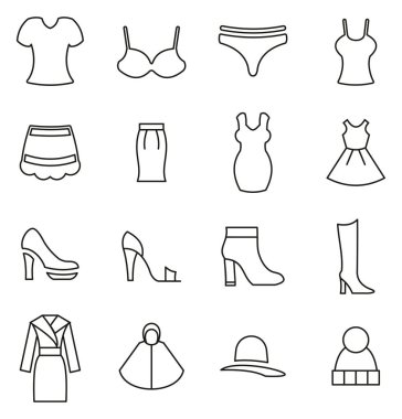 Kadınların Giysi Simgeleri İnce Satır Vektör Çizimi