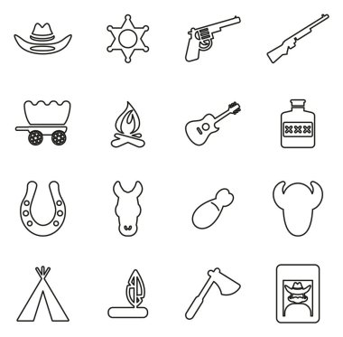 Vahşi Batı Simgeleri İnce Satır Vektörü İllüstrasyon Kümesi