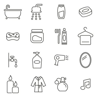 Duş veya Banyo Simgeleri İnce Satır Vektör Çizimi