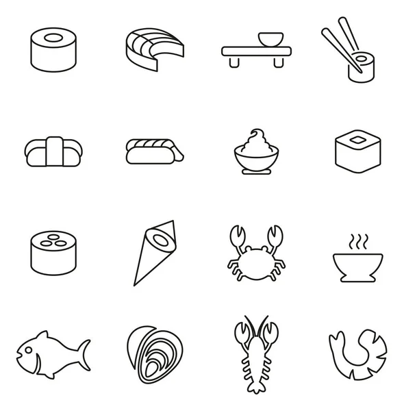 Ensemble d'illustration vectorielle de ligne mince d'icônes de sushi ou de fruits de mer — Image vectorielle