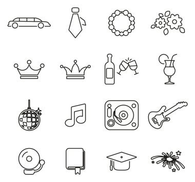 Mezuniyet Gecesi Simgeleri İnce Satır Vektörü İllüstrasyonu Ayarlandı