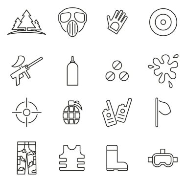 Paintball Oyunu & Ekipman Simgeleri İnce Satır Vektörü Çizimi S