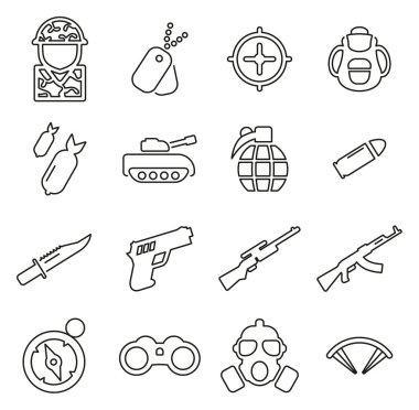 Askeri veya Ordu Simgeleri İnce Çizgi Vektör İllüstrasyonu Ayarlandı