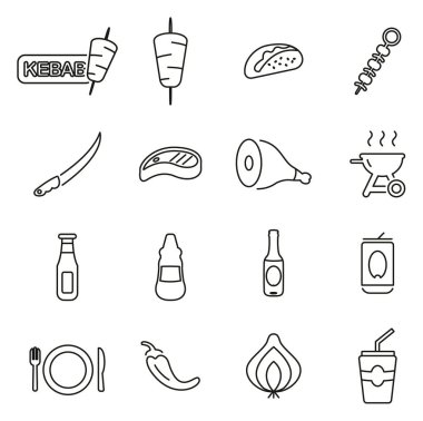 Kebap ya da Fast Food Simgeleri İnce Satır Vektörü Çizimi