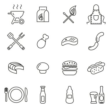 Izgara veya Barbekü Simgeleri İnce Satır Vektör Çizimi