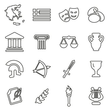 Yunanistan Ülke ve Kültür Simgeleri İnce Çizgi Vektörü İllüstrasyonu Ayarlandı