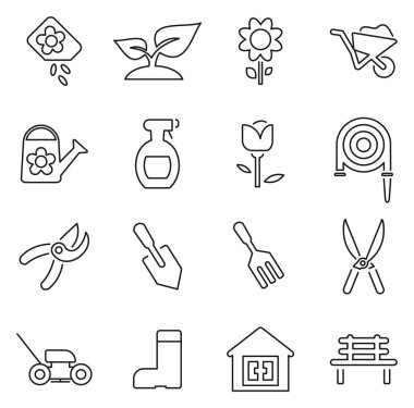 Bahçe Araçları ve Ekipman Simgeleri İnce Satır Vektör Resimleri 