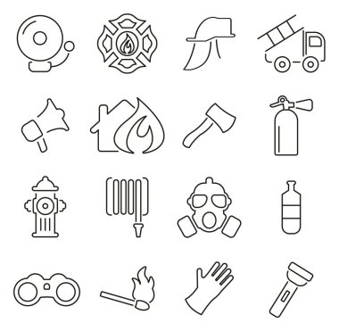 İtfaiyeci veya İtfaiye Simgeleri İnce Satır Vektör Resimleri Ayarlandı