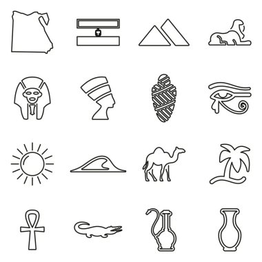 Mısır Ülke ve Kültür Simgeleri İnce Satır Vektörü İllüstrasyon Kümesi