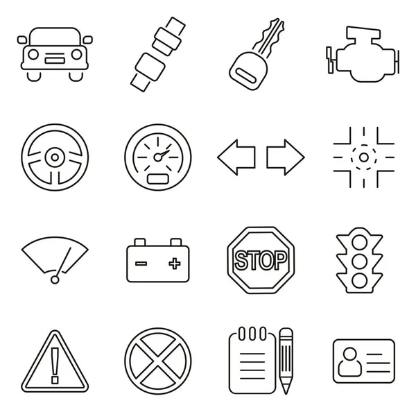 Fahrschule oder Fahrer Test Symbole dünne Linie Vektor Illustrati — Stockvektor