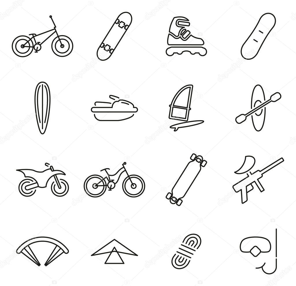 Extreme Sports or Extreme Sports Equipment Icons Thin Line Vecto