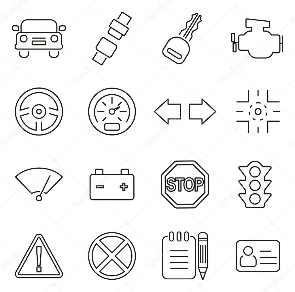Driving School or Drivers Test Icons Thin Line Vector Illustrati