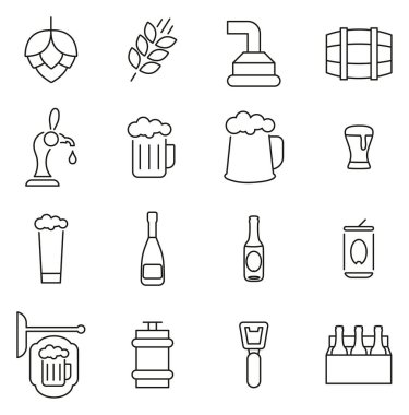 Bira Üretimi veya Bira Fabrikası Ekipmanı Simgeleri İnce Çizgili Vektör İllustrası