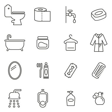 Banyo veya Duş Simgeleri İnce Satır Vektör Çizimi