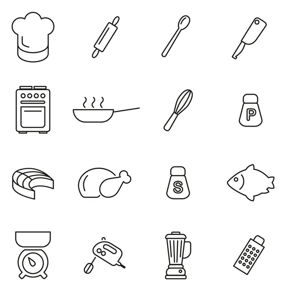 Kochen oder Koch-Symbole dünne Linie Vektor Illustration Set — Stockvektor