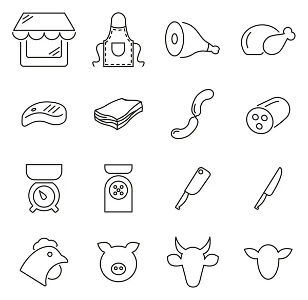 Ensemble d'illustration vectorielle de ligne mince d'icônes de boucherie ou de viande — Image vectorielle