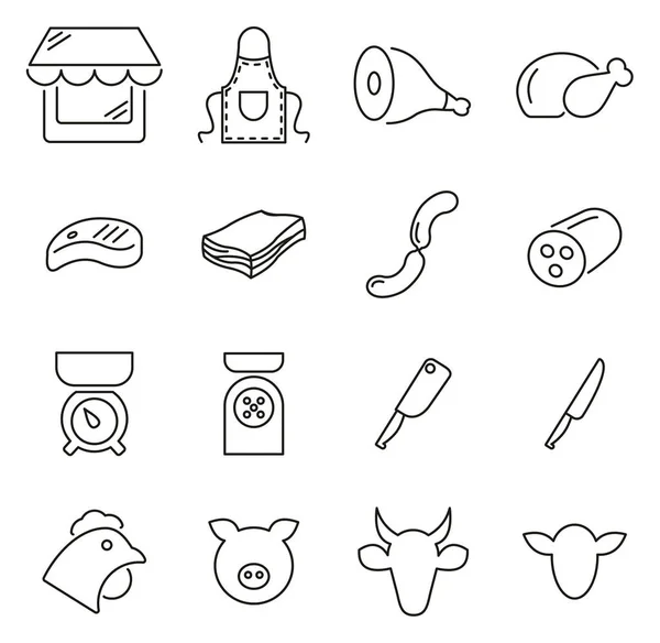 Carnicería o carnicería iconos línea delgada Vector Illustration Set — Archivo Imágenes Vectoriales