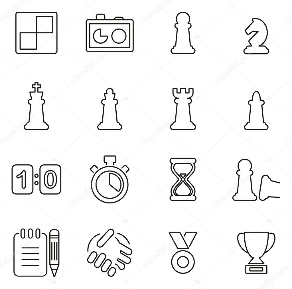 Chess Game & Equipment Icons Thin Line Vector Illustration Set