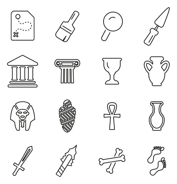 Archaeology Artifacts & Equipment Icons Thin Line Vector Illustr — Stock Vector