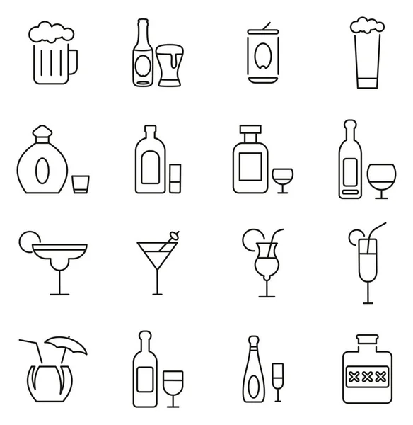 Ícones de bebidas alcoólicas Conjunto de ilustração de vetores de linha fina — Vetor de Stock