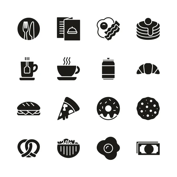 Conjunto de iconos de desayuno Blanco y Negro — Archivo Imágenes Vectoriales