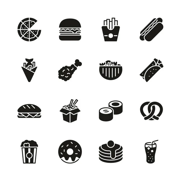 Conjunto de iconos de comida rápida en blanco y negro — Archivo Imágenes Vectoriales