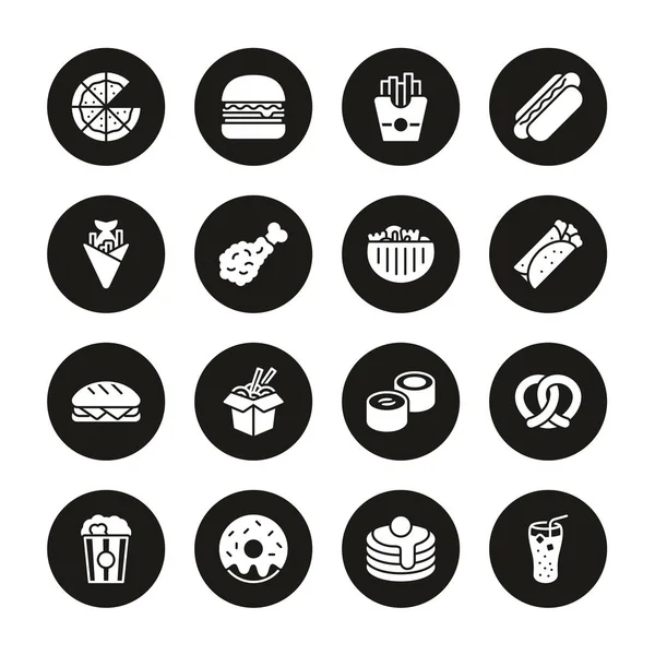 Fast Food Icons White On Black Circle Set — Stock Vector