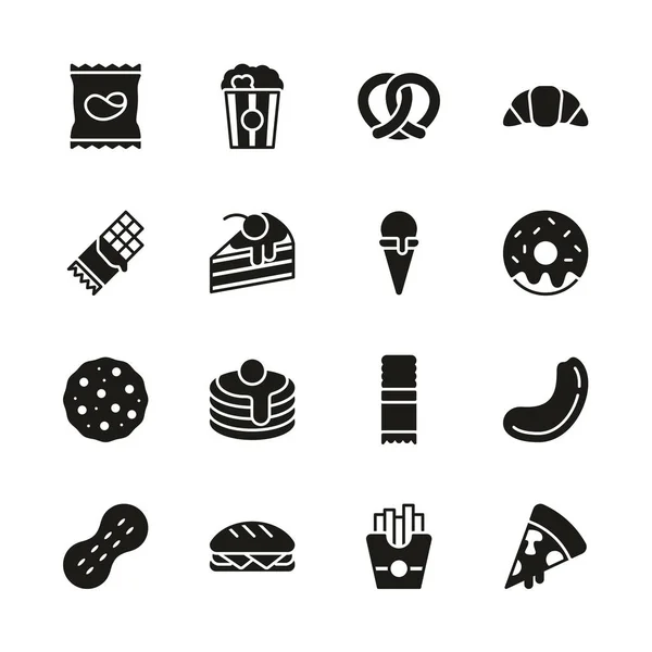 Snack o comida chatarra iconos negro y blanco conjunto — Archivo Imágenes Vectoriales