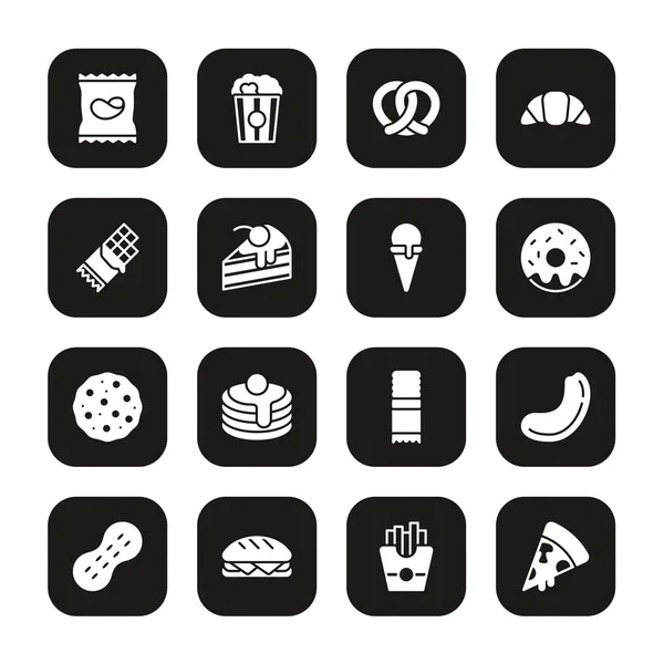 Snack of junk voedsel pictogrammen wit op zwart set — Stockvector