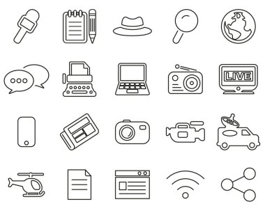 Gazeteci veya Gazeteci Simgeleri Siyah & Beyaz İnce Çizgi Büyük Ayarlandı