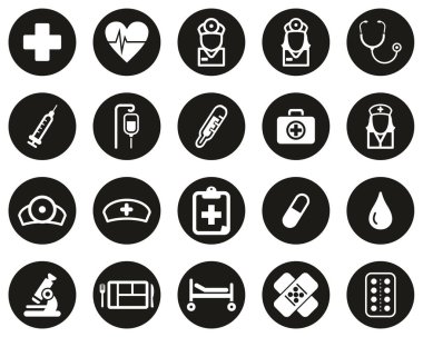 Hastane Personeli ve Ekipman Simgeleri Siyah Düz Dizayn Çemberi Büyük