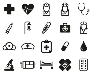Hastane Personeli ve Ekipman Simgeleri Siyah & Beyaz Set Büyük