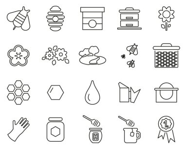 Bal Yapan Arı ve Ekipman Simgeleri Siyah ve Beyaz İnce Çizgiyi Büyük Ayarla