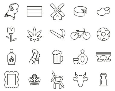 Hollanda veya Hollanda Ülke ve Kültür Simgeleri Siyah & Beyaz İnce Çizgi Büyük Ayarlandı