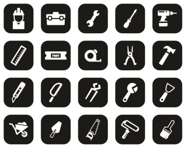 Tamirci Araçları & Ekipman Simgeleri Siyah Düz Dizayn Üzerine Beyaz Dizayn Büyük