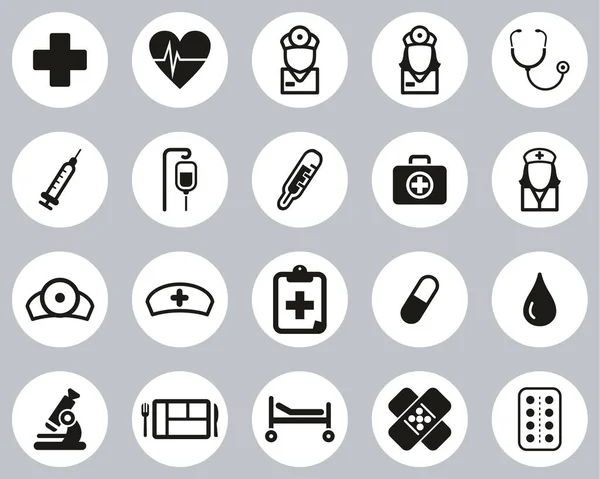 Hospital Staff Equipment Icons Black White Flat Design Circle Set — Stock Vector