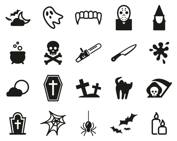 Horror Iconos Miedo Negro Blanco Conjunto Grande — Vector de stock